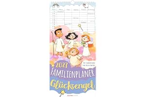 Familienplaner Glücksengel 2027: Wandkalender 22x45 cm mit 5 Spalten, Schutzengel-Sprüchen, Schulferien, Stundenplänen & Feie