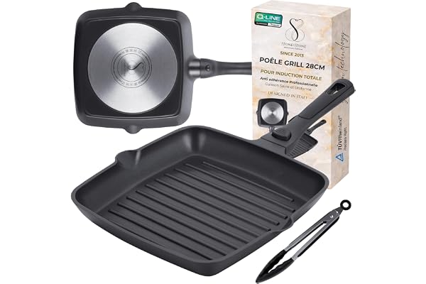 Stone&Stone Poêle Grill 28 cm Carrée Induction Antiadhésive avec Manche Amovible, Revêtement Céramique Allemand, Fond Acier Plein, Tous Feux dont Induction et Four, Sans PFAS, PFOA et PTFE