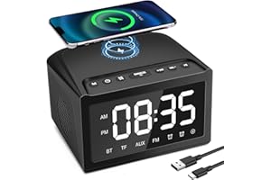 LAOONL Alarm Clocks Bedside, Digital Alarm Clock Radio with Bluetooth Speaker, USB Charging Port, FM Radio, Universal Wireless Qi Charging, Dimmable LED Display, Dual Wireless Speaker for Home, Work