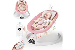 Brolteja Pink Electric Baby Bouncer with Connect Blueteeth and Remote Control,Baby Swing Chair with 5 Swing Amplitudes 3-Stage Timer,12 Songs Toddler Soft Padded Newborn Bouncer(Remote Control)