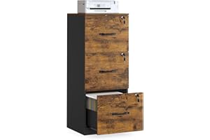 VASAGLE Meuble de Bureau, Meuble de Rangement, Support pour Imprimante, avec 3 Tiroirs Verrouillables, Tringles Réglables, Compatible avec Formats A4, Marron Rustique et Noir OFC055B01