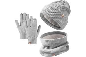 BAYNETIN Set Invernale Bambini 3 Pezzi: Cappello di Maglia, Sciarpa e Guanti Touchscreen - Berretto con Fodera in Pile Caldo per Ragazze e Ragazzi 5-12 Anni