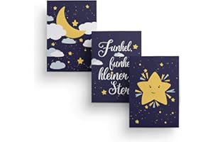 Friendly Fox Kinderzimmer Poster Babyzimmer - 3er Set Wandbilder - DIN A4 - Kinderposter (Mond & Sterne)