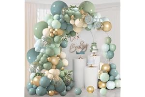 Dusty Blue Sage Green Balloon Garland Kit, Pastel Blue Green Sand White Balloons with Gold Confetti, Boho Balloon Arch Decor for Wedding Bridal Shower Birthday Party Backdrop