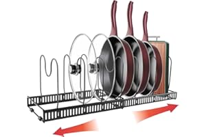 Mezzar Organizador de Sartenes y Ollas, Soporte para Ollas con 7 Compartimentos Ajustables, Organizador de Cocina para Guardar y Organizar Tapas Ollas y Tabla de Cortar- Negro