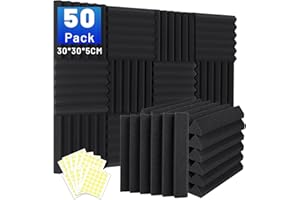 FOCUSOUND 50 Pack Sound Proofing Panels, 2" X 12" X 12" Acoustic Wall Panels, Soundproofing Wedge Panels, Sound Absorption Wall Panels, Sound Proof Foam Panels for Studio, Home, Office, with Double Sided Tape