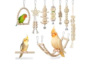 Jiaoshou Pan 9 Pièces Jouets pour Oiseaux, Jouet Perroquet avec Balançoire, Échelle, Cloche et Jouets à Mâcher pour Perruches, Inséparables, Pinsons et Calopsittes (Bois)