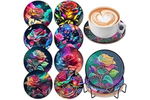 SOEWIOU 8 Pcs Diamond Painting Coasters with Holder - DIY 5D Rose Glass Art Kits for Adults & Kids, Beginners