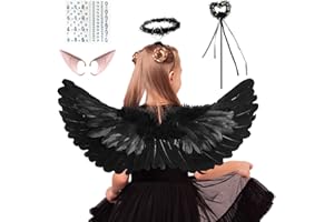 GUGATAD Ali angelo,Nero Ali,Ali D'angelo per Bambini Includere Aureola D'angelo,Bacchetta,Brillantini Viso,Orecchie Elfo,Ali Angelo Piumate per Ali Costume per Feste In Maschera(60x35cm)