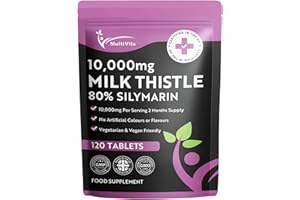 MULTIVITA Milk Thistle Tablets 80% Silymarin High Strength 10,000mg Per Serving 2 Months Supply, 120 Vegan Tablets - Milk Thistle Capsules Alternative - Premium Supplement Made in UK