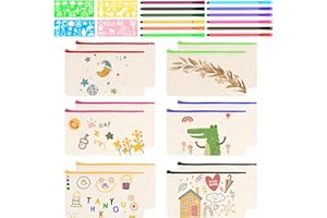 UKOFEW 12 Pezzi Astuccio in Tela Bianco,Busta Stoffa Piccola Vuota,Sacchetti di Tela per Il Trucco,con 12 matite colorate e 4 stencil,per Graffiti, Stampa e Tintura