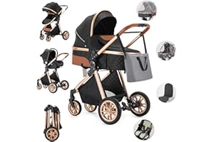 Gcarebb Poussette 3 en 1, Poussettes Citadines Avec Siège Auto, Poussette Canne Portable Pliant en Un Clic, Poussettes Combinée Paysage Haut Cadre en Aluminium