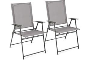 GIANTEX Lot de 2 Chaises de Jardin Pliantes à Dossier Haut, Chaises de Balcon avec Accoudoirs, Siège de Patio en Métal et Textilène, Charge Maximale Jusqu’à 150 KG, Gris