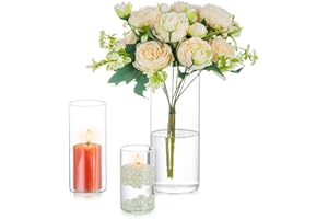 Vase Cylindrique en Verre Decoratif Transparent - Inweder Lot de 3 Vases Fleur Photophore Bougeoirs Hurricane Bougeoir en Verre pour Bougies Pilliers Bougies Flottantes Centres de Table de Mariage