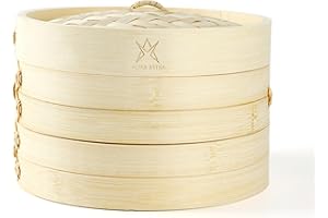 Altra Astra Bamboo Steamer - 8 inch, 100% Glue Free Construction with Reusable Cotton Sheets, Perfect for Healthy Steaming of Dim Sum, Bao Buns, Vegetables, Meat & Fish, 2 Tiered Basket