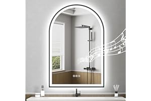 STARLEAD Schwarz Bogen-LED-Badezimmerspiegel-mit-Beleuchtung 90x60cm, Bluetooth, Dimmbar, 3 Lichtfarben, Entfogging, Speicherfunktion, HD Hartglas, IP44, Nicht-Metallischer Rahmen