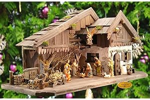 BTV Weihnachtskrippe, Ölbaum KA70du-MF-SKR- XXL Holz-Weihnachtskrippe, mit GRANITBRUNNEN "Wassergrand" + PREMIUM-DEKOSET "Krippenstall", Massivholz NATUR gebrannt - mit 12 x PREMIUM- Krippenfiguren +