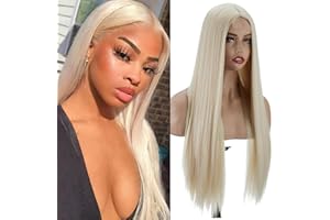 PORSMEER Platynowa blond peruka, długa, gładka, prosta peruka z koronką, przedziałek na środku, dla kobiet/dziewcząt, naturalne sztuczne włosy, do noszenia na co dzień lub do kostiumu, 66 cm