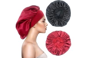 EUXINDUO 2 Stücke Satin Schlafmütze Bonnet Haarhaube Lockenhaube Zum Schlafen,Haarhaube für Die Nacht Vergrößerte Hoch Elastische Breite Krempe Weiche Weibliche Satin Haube Schlafen