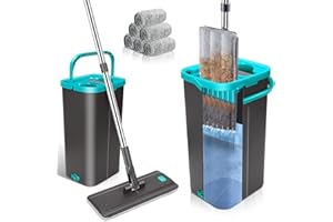 Hevol Set Mocio e Secchio, Mocio Piatto Autostrizzante con Manico Lungo, Mocio in Microfibra con Strizzatore per Piastrelle, Marmo, Legno Duro, Invia 6 Tamponi in Microfibra Riutilizzabili - Blu