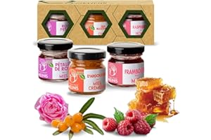Coffret 3 × 40 g Crèmes de Miel Bio – Acacia à l’Argousier, à la Framboise et à la Rose – Sans Sucre Ajouté – Pour Petit-Déjeuner, Desserts ou Cadeau – Melinis