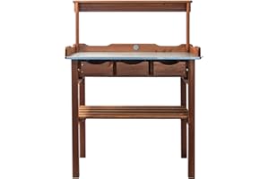 mgc24® Pflanztisch mit verzinkter Arbeitsplatte - 78x38x112cm aus Kiefernholz Dunkelbraun, mit Abstellboden / 3 Schubladen / 3 Haken und Oberleiste - für Garten Balkon Terrasse
