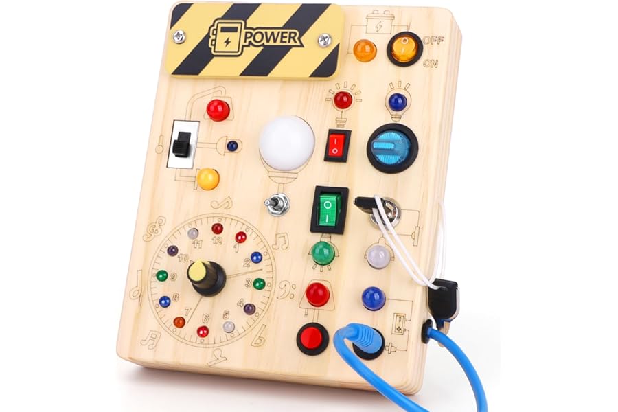 Montessori Busy Board for toddlers for 1 year old Activity Board Wooden Toy With 10 Switches and 23 LED Lights Sensory Board Motor Skills Toy for Babies and Children from 2 3 4 years Boys and Girls