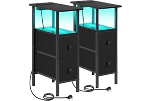LOAKEKEL Slim Bedside Table Set of 2 with Charging Station, Narrow Side Table with LED Lights, Small Sofa Table with 2 Fabric Drawers, Nightstand for Small Spaces, Living Room, Black UHETNDP02LBK