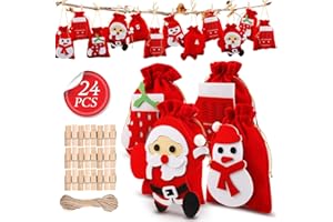 Mture 24 Calendrier de l'Avent, Sachets en Tissu à Remplir, DIY Noël Cadeaux Sacs à avec 1-24 Numérique Autocollants et 24 Pinces en Bois, pour Noël, Mariage, Thanksgiving