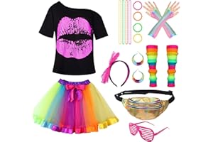 ANSAMY Deguisement Annee 80 Accessoire Femme Fluo Déguisement Année 80s Disco Fête Tutu T-shirt Sac Banane, Lunette, Bandeau, Colliers Jambières Soirée année 80 Fête Néon Tutu Fluo