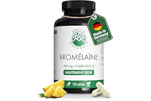 Bromélaïne - Haute concentration : 750 mg (7.500 F.I.P.) - 150 gélules - Cure de 5 mois - Gélules gastro-résistantes - Extrait naturel d’ananas - Green Naturals®