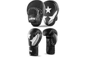 LIONS-BOXING Lions Amateur Fitness Boxing Set Hook & Jab Pads Focus Punch Bag Gloves Target Strike Mitts (White Star, 10oz)