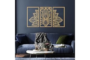 ESTART Large Lotus Flower Metal Wall Art 3-piece Set, Religion Faith Mandala Home Wall Decoration for Living Room, Bedroom, Office and Yoga Room (Gold, Large)