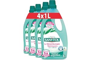 Sanytol - Désinfectant Nettoyant Multi-Surfaces - Parfum Eucalyptus – 1L - Lot de 4 - Sans Javel, Air Label Score A+ - Nouvelle formule 5X plus nettoyante – Fraîcheur longue durée
