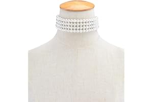 JKJF Simulierten Perle Halskette 4 Reihen Perlen Choker Halsband Multi Schichte Perlen Kette Elegant Modische Kurze Perlenkette Retro Fasching Kostüm Zubehör für Frauen Mädchen