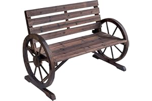 Outsunny 2 Seater Garden Bench Outdoor Garden Armrest Chair with Wooden Cart Wagon Wheel Rustic High Back Brown