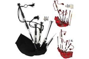 NORTH EDGE Scottish Great Highland Bagpipe Black Plain Full Silver Mount Utility Tartan, Red And Brown Royal Stewart Tartan Bagpipe With Free Carry Bag & Free Practice Chanter