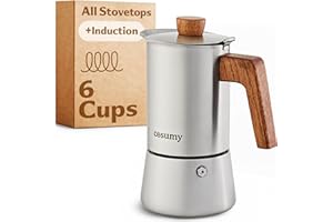 Cosumy Espresso Maker Induction - Stainless Steel Moka Pot 6 Cups - Coffee Maker Suitable for All Hobs - FSC® Oak Wood