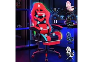 ALFORDSON Silla Gaming con RGB LED de 12 Colores y Masaje de 8 Puntos, Silla Gamer con Reposapiés, Reposacabeza y Cojín Lumbar, Silla Escritorio de Oficina Ergonomica, Rojo y Negro