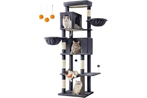 Feandrea Árbol Grande para Gatos, Torre para Arañar de 190,7 cm de Altura, Multinivel con 2 Cuevas, 2 Cestas, 5 Rascadores, Alfombra, Plataforma, Hamaca, Gris Oscuro PCT183G02