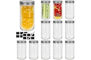 Yishik 12 oz Mason Jars with Silver Lids,12 Pack Glass Canning Jars 350ml Wide Mouth Crystal Jelly Jars for Honey,Jam Preserving,Pickling,Baby Foods,Drinks,Wedding Favors