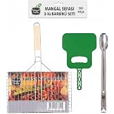 Mangal Teli, K&uuml;&ccedil;&uuml;k Izgara, Ahşap Saplı, 35x20 cm, Piknik i&ccedil;in İdeal, Tek Kullanımlık, Mangal Izgara (Tek ızgara+Yelpaze+Maşa)