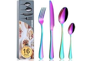 Cutlery Set, BEWOS 16-Piece Stainless Steel Flatware Set, Tableware Silverware Set with Rainbow Spoon Knife and Fork Set, Service for 4, Dishwasher Safe/Easy Clean, Mirror Polished