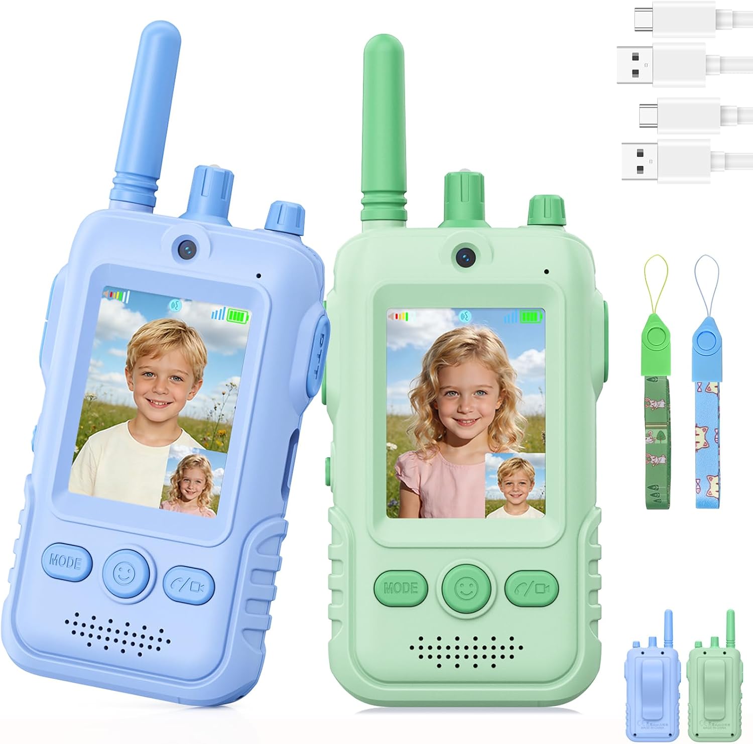 Walkie Talkie para Niños(Set de 2),Walkie Talkies Recargables con Videollamada,Largo Alcance de 400 m, Clip para Cinturón y Linterna LED,Juguete Regalo de Cumpleaños para Niños y Niñas de 3 a 12 Años