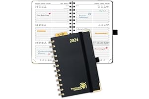 ‎POPRUN POPRUN Kalender 2024 Klein 16 x 10,5 cm (Jan.2024-Dez.2024) - Taschenkalender 2024 Ringbuch mit Hardcover - Terminplaner, Planer mit Vergoldete Schutzecken - Schwarz