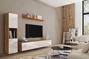 ‎MINIO GO FOR IT MINIO go for it - Wohnwand Parma, 3-Teilig Set, Hängend oder Stehend, Highboard, Lowboard, Wandboard, Laminierte Spannplatte, Farbe: Wotan Eiche/Weiß Hochglanz