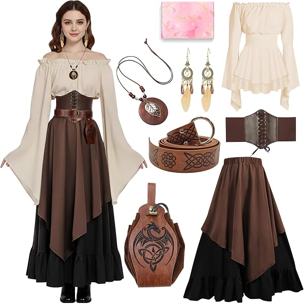Robe Gothique Viking Femme – Patchwork Manches Trompette, Épaules Dénudées, Style Médiéval Renaissance Halloween Cosplay