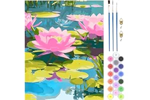 QENSPE Paesaggio Dipingere con i Numeri per Adulti, Kit di Pittura su Tela Fai da Te per Adulti, Kit di Dipingere con i Numeri con Pennelli Pigmento Acrilico Disegno Pittura 40x50 cm (Fiore Loto)