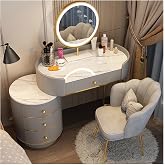 Romyqpipy Modern Dressing Table with Mirror with LED Lights and Stool, White Marble Effect Makeup Table with 3 Drawers Cabine
