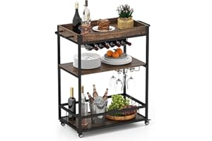 GIANTEX Wózek barowy z kółkami, 3-poziomowa deska kuchenna ze zdejmowaną tacą, stojakiem na wino, uchwyt na kieliszki, zamykane koła z hamulcem, wózek serwisowy 84 x 40 x 90, rustykalny brąz